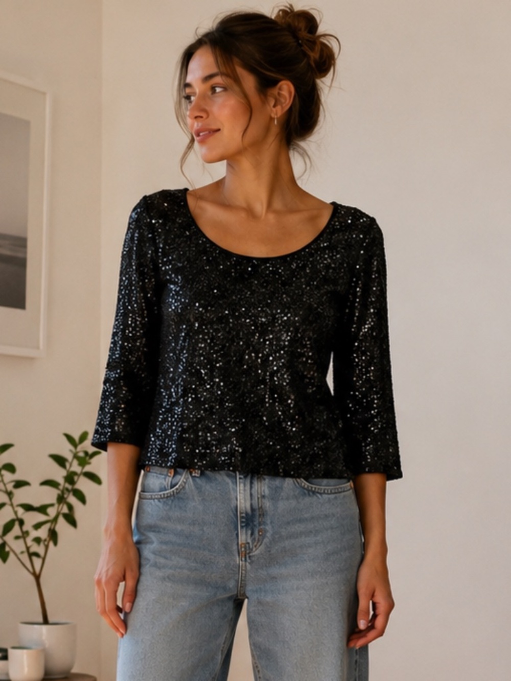 Eileen Fisher Black Silk Sequin Box Top Blouse Size S